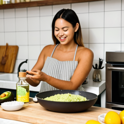 Home 19 A brightly lit kitchen scene. In the foreground, various plant-based oils (avocado, refined coconut, sesame) are arranged artfully with associated ingredients. For instance, avocado oil is near avocados and a lemon poppy seed cake, sesame oil with noodles and spices. The background is slightly blurred, showing a person happily cooking at a stove. The overall feel is modern, clean, and inviting.