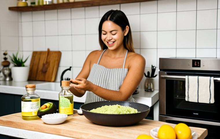 A brightly lit kitchen scene. In the foreground, various plant-based oils (avocado, refined coconut, sesame) are arranged artfully with associated ingredients. For instance, avocado oil is near avocados and a lemon poppy seed cake, sesame oil with noodles and spices. The background is slightly blurred, showing a person happily cooking at a stove. The overall feel is modern, clean, and inviting.