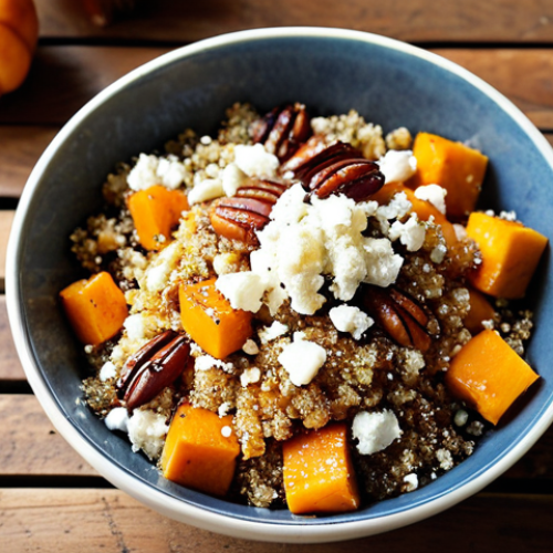 Home 18 **
A vibrant grain bowl overflowing with cooked quinoa, roasted butternut squash, crumbled feta cheese, and a drizzle of balsamic glaze. The bowl is set on a rustic wooden table with scattered pecans. Sunlight streams in, highlighting the textures and colors of the ingredients. Focus on the healthy and appealing aspects.
**