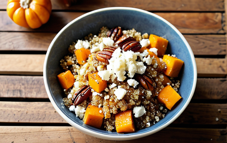 **
A vibrant grain bowl overflowing with cooked quinoa, roasted butternut squash, crumbled feta cheese, and a drizzle of balsamic glaze. The bowl is set on a rustic wooden table with scattered pecans. Sunlight streams in, highlighting the textures and colors of the ingredients. Focus on the healthy and appealing aspects.
**