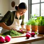 **

A brightly lit kitchen scene featuring a woman preparing a vibrant pesto using radish greens. A mortar and pestle sit on a wooden countertop surrounded by fresh radishes with their greens still attached. In the background, sunlight streams through a window illuminating a thriving indoor herb garden. The style is warm and inviting, emphasizing the connection between nature and sustainable cooking.

**