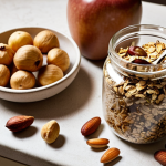 **Prompt 1:** A warm, inviting kitchen counter bathed in soft morning light. Glass jars are neatly filled with vibrant, bulk ingredients: various nuts, seeds, rolled oats, and dried fruits. Fresh, seasonal produce like berries and a ripe apple sit nearby. A pair of hands is actively shaping "no-bake energy balls" or mixing ingredients in a ceramic bowl, emphasizing the joy of homemade, zero-waste snacking. The scene conveys a sense of wholesome abundance, simplicity, and sustainable living. Focus on natural textures, warm tones, and a slightly rustic aesthetic.