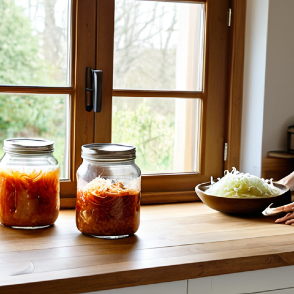친환경 조리법으로 전통 맛을 살리기 - Fermentation Scene**

"A bright, inviting kitchen scene showcasing jars of homemade sauerkraut and k...