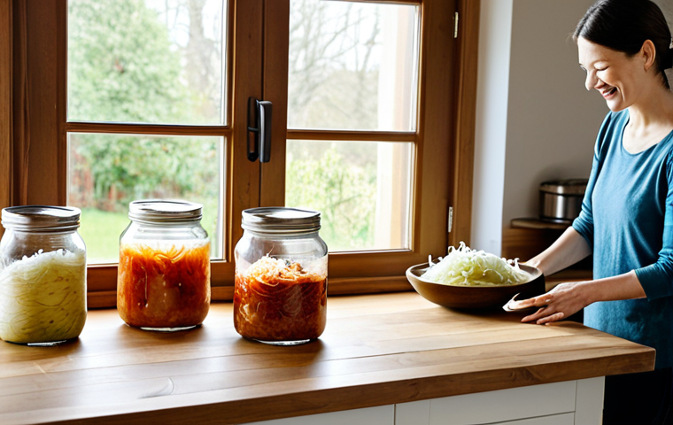 친환경 조리법으로 전통 맛을 살리기 - Fermentation Scene**

"A bright, inviting kitchen scene showcasing jars of homemade sauerkraut and k...