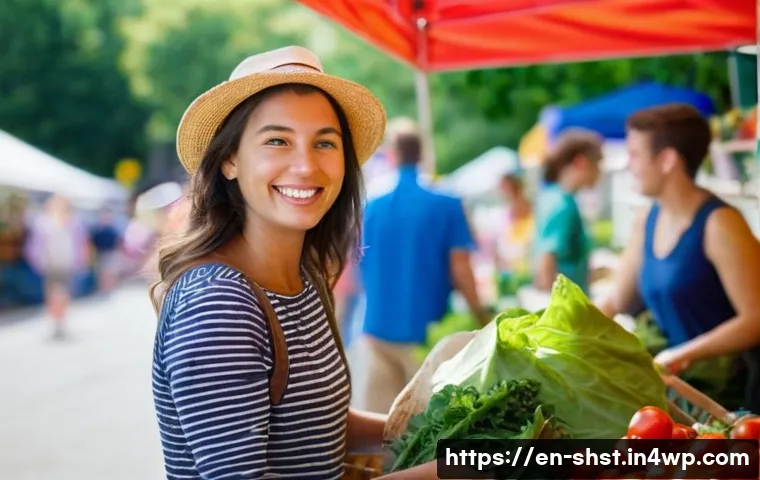 친환경 조리법의 과학적 근거 - **Prompt:** A sun-drenched farmers market scene in the summertime. Stalls overflow with vibrant, org...