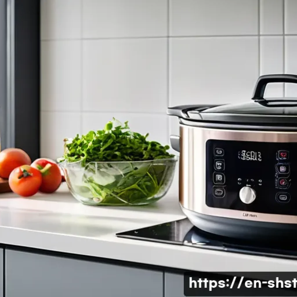 가정에서 쉽게 할 수 있는 친환경 조리법 - A modern, sunlit kitchen scene showcasing a person using energy-efficient appliances: an induction c...