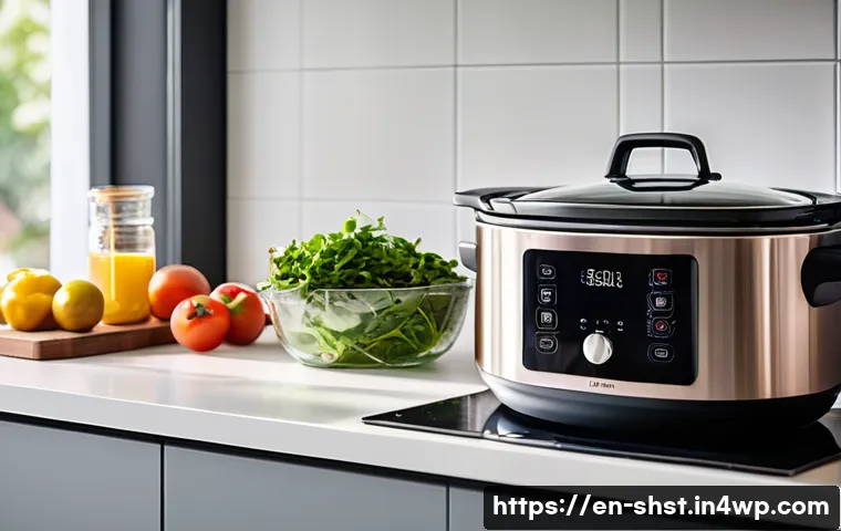 가정에서 쉽게 할 수 있는 친환경 조리법 - A modern, sunlit kitchen scene showcasing a person using energy-efficient appliances: an induction c...