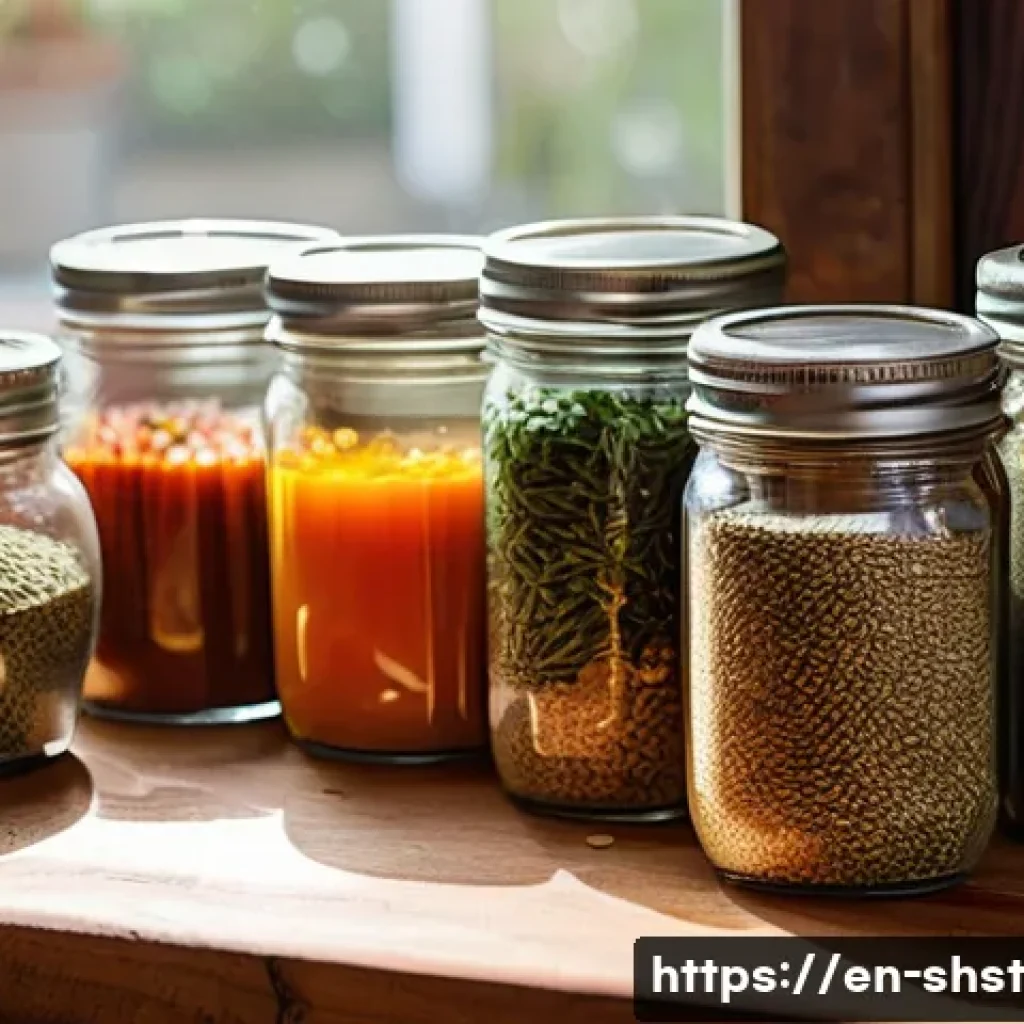 소스와 양념의 친환경 활용법 - A cozy, rustic kitchen scene showcasing a wooden countertop with a variety of homemade spice blends ...