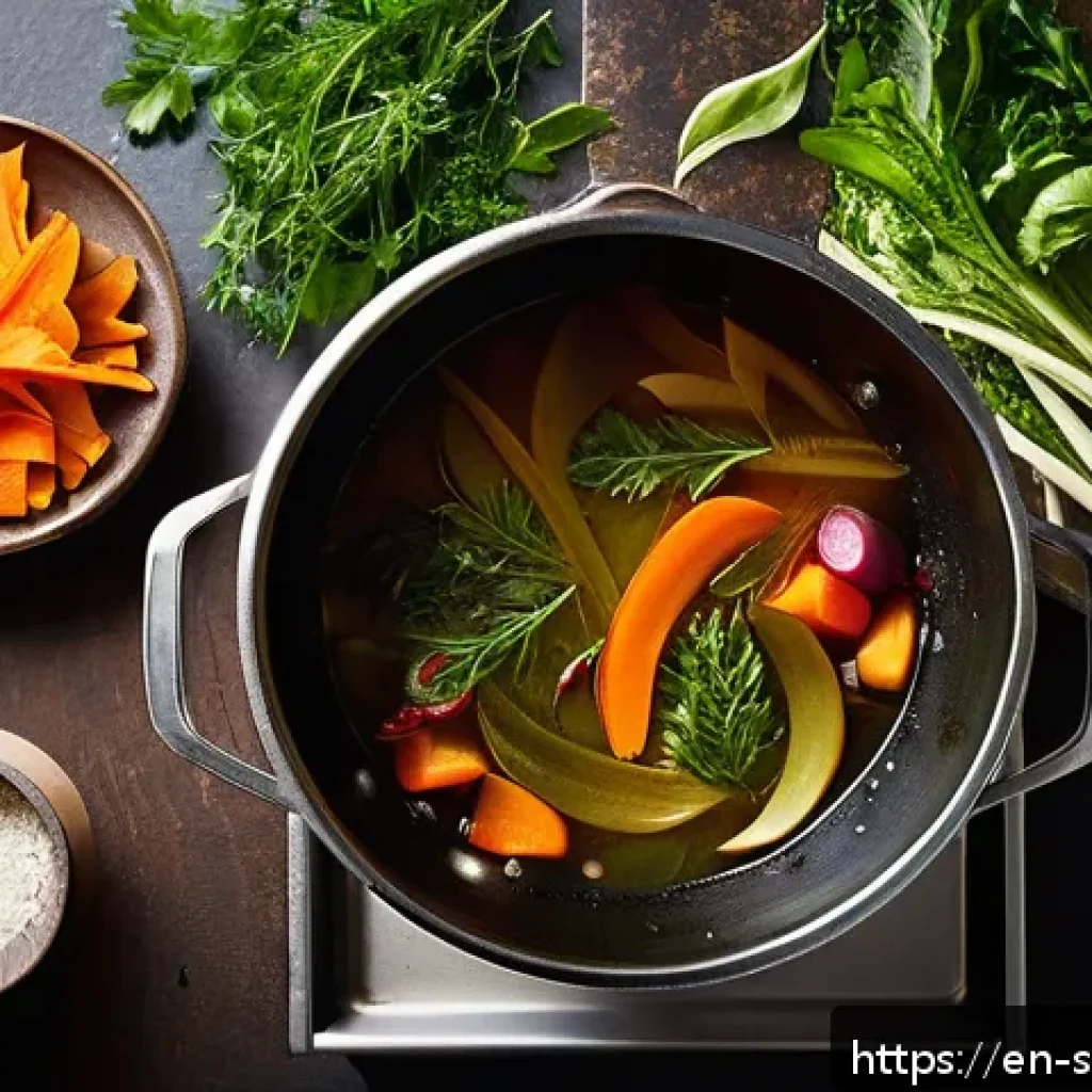 채소 껍질을 활용한 요리 아이디어 - A rustic kitchen scene featuring a large pot gently simmering on a stove filled with colorful vegeta...