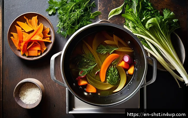 채소 껍질을 활용한 요리 아이디어 - A rustic kitchen scene featuring a large pot gently simmering on a stove filled with colorful vegeta...