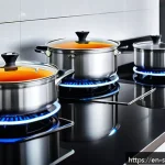 Home 21 조리법에 따른 에너지 소비 절약하기 - A modern kitchen scene showing a stovetop with multiple burners, each matched perfectly with pots an...