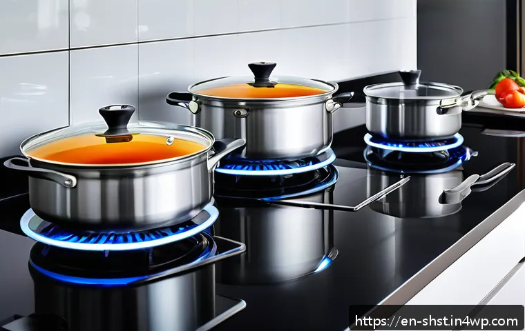 조리법에 따른 에너지 소비 절약하기 - A modern kitchen scene showing a stovetop with multiple burners, each matched perfectly with pots an...