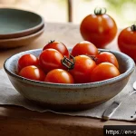 Home 20 유기농 재료를 활용한 조리 방법 - A vibrant close-up of a rustic wooden kitchen table featuring freshly harvested organic tomatoes, th...