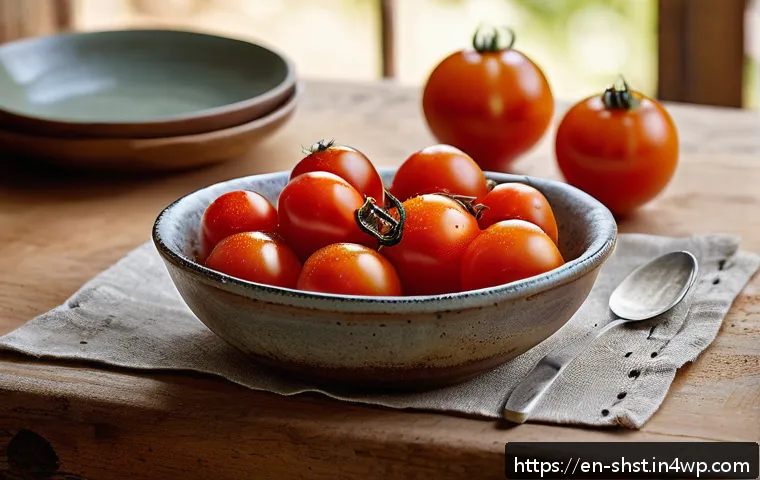유기농 재료를 활용한 조리 방법 - A vibrant close-up of a rustic wooden kitchen table featuring freshly harvested organic tomatoes, th...