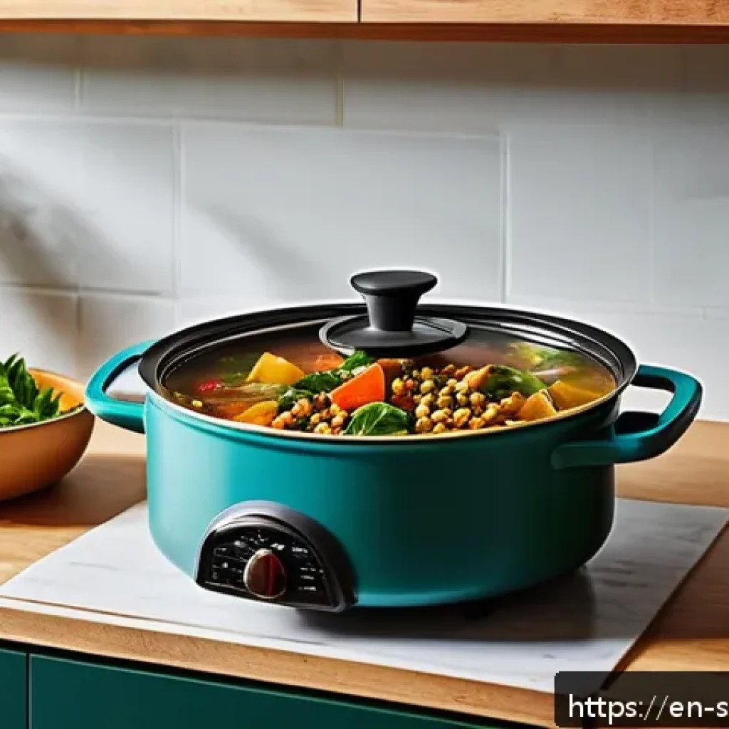저칼로리 친환경 조리법으로 다이어트하기 - A vibrant, sunlit kitchen scene showcasing a colorful one-pot meal cooking on an induction stove, fe...