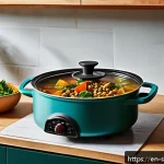 Home 19 저칼로리 친환경 조리법으로 다이어트하기 - A vibrant, sunlit kitchen scene showcasing a colorful one-pot meal cooking on an induction stove, fe...