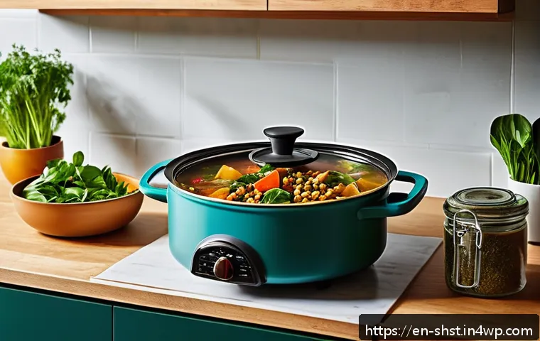 저칼로리 친환경 조리법으로 다이어트하기 - A vibrant, sunlit kitchen scene showcasing a colorful one-pot meal cooking on an induction stove, fe...