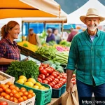 Home 18 지속 가능한 조리를 위한 식품 선택 - A vibrant farmers’ market scene in a sunny American town, featuring diverse stalls brimming with fre...