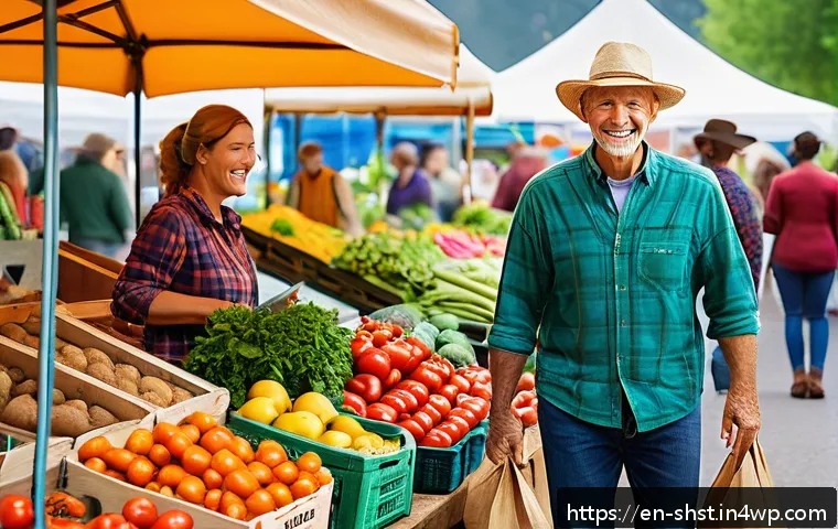 지속 가능한 조리를 위한 식품 선택 - A vibrant farmers’ market scene in a sunny American town, featuring diverse stalls brimming with fre...