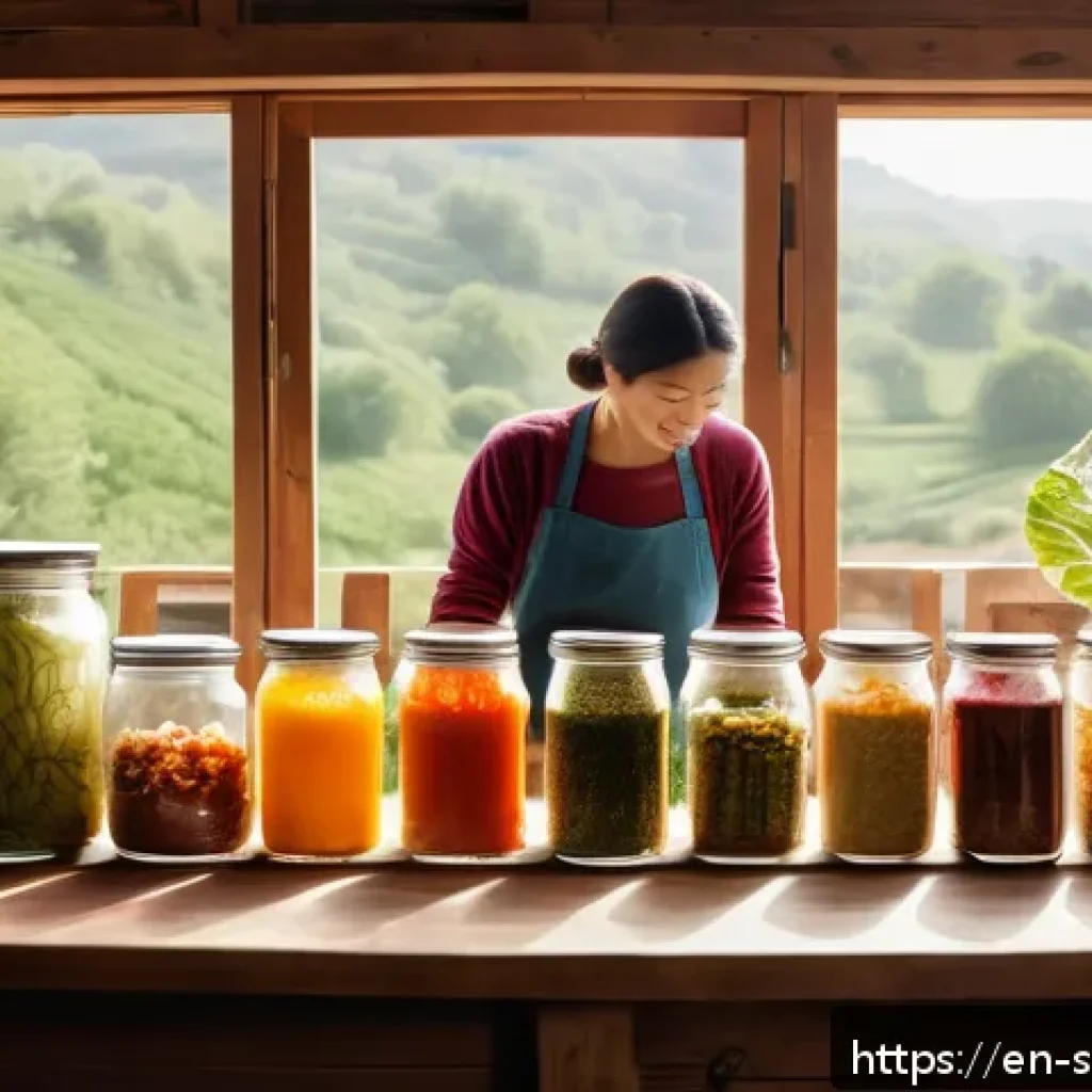친환경 요리의 문화적 다양성 - A rustic kitchen scene featuring traditional fermentation jars filled with colorful kimchi, sauerkra...