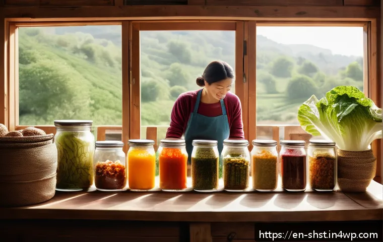 친환경 요리의 문화적 다양성 - A rustic kitchen scene featuring traditional fermentation jars filled with colorful kimchi, sauerkra...