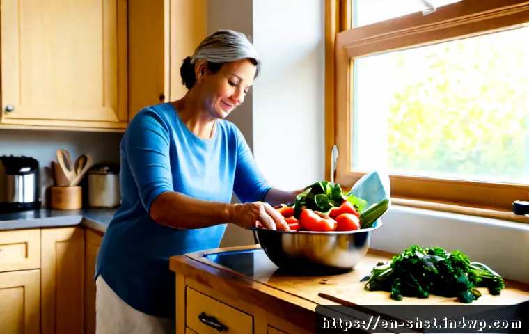 친환경 조리법을 위한 가이드라인 - Photorealistic sustainable home cooking scene in a bright American kitchen, middle-aged woman prepar...