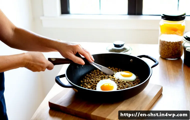 Home 17 친환경 조리법으로 만드는 아침 식사 - Photorealistic eco-friendly breakfast preparation in a bright American home kitchen, a middle-aged w...