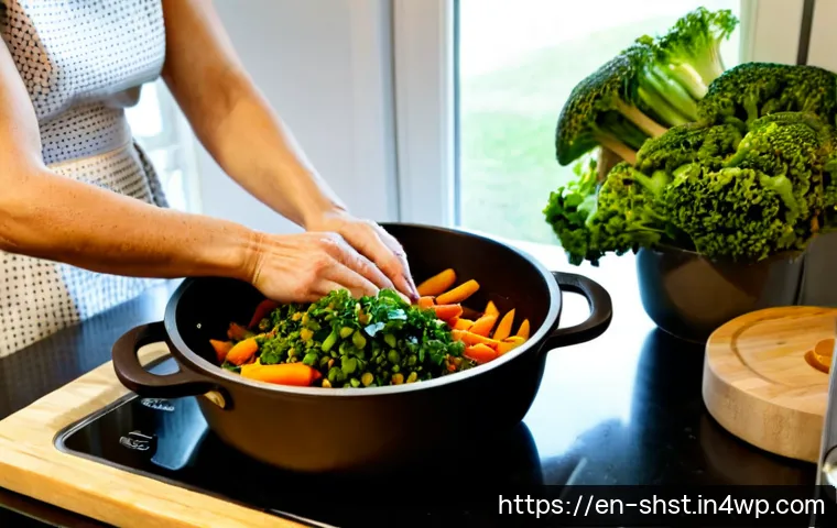Home 17 친환경 조리법으로 만드는 매일의 저녁 - Photorealistic cozy home kitchen at early evening, a middle-aged woman preparing a low-waste vegetab...